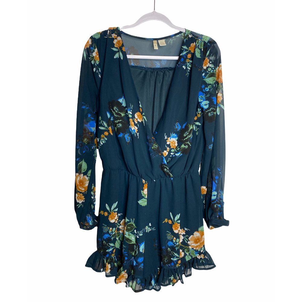 Japna Navy Floral Summer Sheer Ruffle Romper Size L Large V Neck Blue Green - Picture 10 of 10